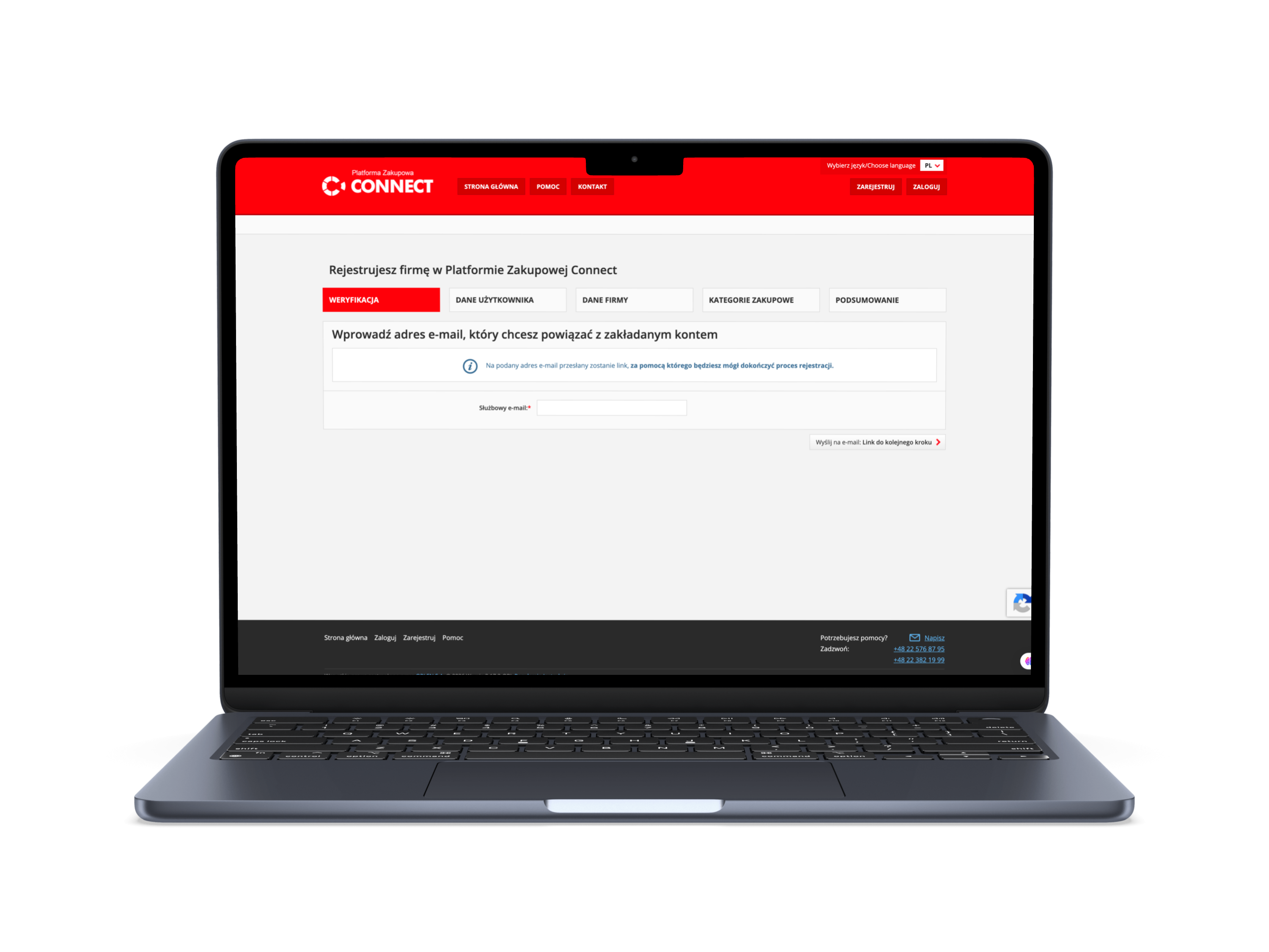 Laptop z otwartą Platformą Zakupową CONNECT, formularz rejestracji firmy, krok weryfikacji.
